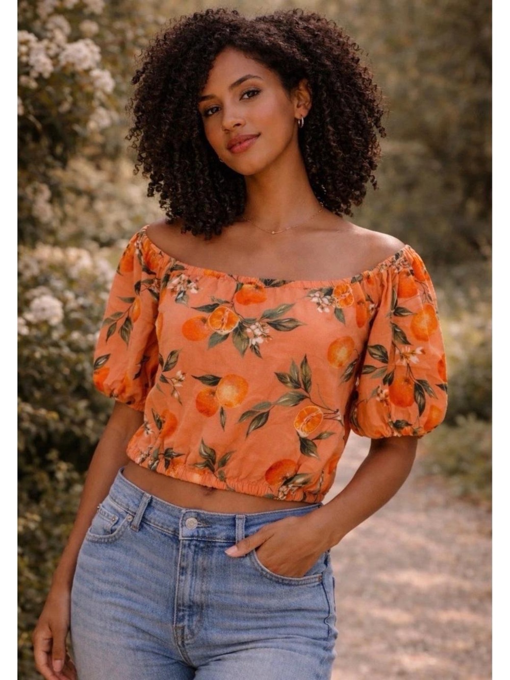 LOFT Orange Floral Off-Shoulder Crop Top